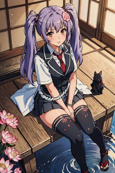 masterpiece, best quality, naoe kanetsugu, twintails, hair ornament, purple hair, collared shirt, waist rope, black miniskirt, red necktie, black thighhighs, pond, lotus flowers, sitting, from above, looking at viewer, blushing, japanese architecture <lora:naoe-nvwls-v2-000010:0.9>