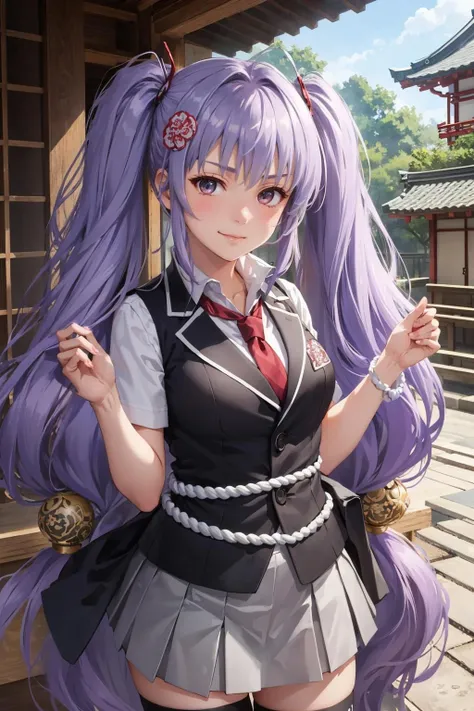 masterpiece, best quality, naoe kanetsugu, twintails, hair ornament, purple hair, collared shirt, waist rope, black miniskirt, red necktie, black thighhighs, upper body, looking at viewer, smirk, furrowed brow, closed mouth, japanese architecture, city <lora:naoe-nvwls-v2-000010:0.9>