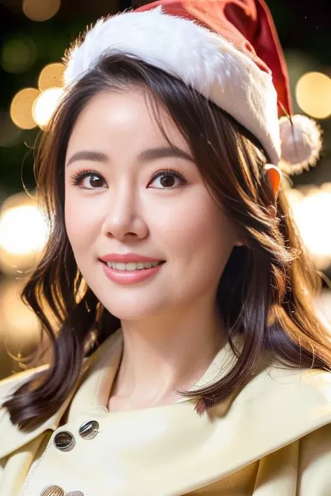 (8k, best quality, masterpiece:1.2), (realistic, photo-realistic:1.37), cute, night, dating, (nose blush), (smile:1.15), (santa hat, ),looking at viewer, beautiful detailed eyes,night, wet, rain, white lace, floating hair,1girl,upper body,