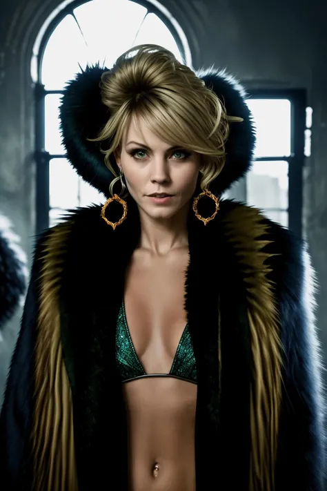 a woman in a fur coat standing in a room , 1girl, solo, looking at viewer, blue eyes, blonde hair, brown hair, jewelry, upper body, earrings, lips, realistic