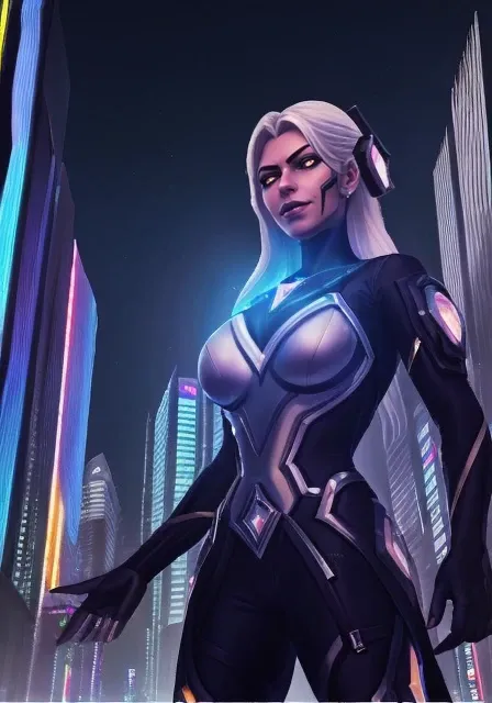 (sharp focus:1.2), 1girl, in a (cyberpunk city:1.2). long white hair, (moody lighting:1.2), depth of field, bokeh, 4K, HDR. <lora:sn_morgana_v1.0c2-fro0.9:1>
