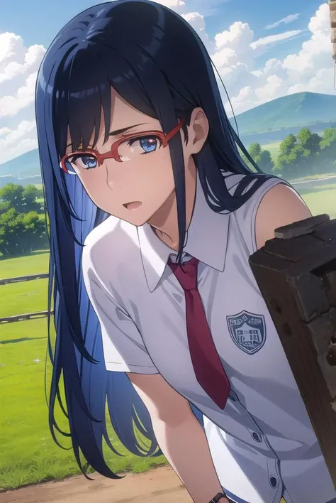 chirikotsurumi, <lora:chiriko tsurumi s1-lora-nochekaiser:1>,
chiriko tsurumi, long hair, blue eyes, blue hair, glasses, red-framed eyewear,
BREAK school uniform, necktie, watch, wristwatch,
BREAK outdoors, house, fields, grass, sky, sun, clouds,
BREAK looking at viewer, (cowboy shot:1.5),
BREAK <lyco:GoodHands-beta2:1>, (masterpiece:1.2), best quality, high resolution, unity 8k wallpaper, (illustration:0.8), (beautiful detailed eyes:1.6), extremely detailed face, perfect lighting, extremely detailed CG, (perfect hands, perfect anatomy),