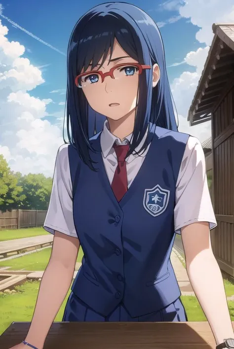 chirikotsurumi, <lora:chiriko tsurumi s1-lora-nochekaiser:1>,
chiriko tsurumi, long hair, blue eyes, blue hair, glasses, red-framed eyewear,
BREAK school uniform, necktie, watch, wristwatch,
BREAK outdoors, house, fields, grass, sky, sun, clouds,
BREAK looking at viewer, (cowboy shot:1.5),
BREAK <lyco:GoodHands-beta2:1>, (masterpiece:1.2), best quality, high resolution, unity 8k wallpaper, (illustration:0.8), (beautiful detailed eyes:1.6), extremely detailed face, perfect lighting, extremely detailed CG, (perfect hands, perfect anatomy),