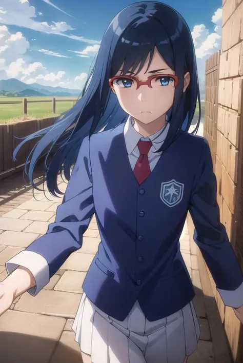 chirikotsurumi, <lora:chiriko tsurumi s1-lora-nochekaiser:1>,
chiriko tsurumi, long hair, blue eyes, blue hair, glasses, red-framed eyewear,
BREAK school uniform, necktie, watch, wristwatch,
BREAK outdoors, house, fields, grass, sky, sun, clouds,
BREAK looking at viewer, (cowboy shot:1.5),
BREAK <lyco:GoodHands-beta2:1>, (masterpiece:1.2), best quality, high resolution, unity 8k wallpaper, (illustration:0.8), (beautiful detailed eyes:1.6), extremely detailed face, perfect lighting, extremely detailed CG, (perfect hands, perfect anatomy),