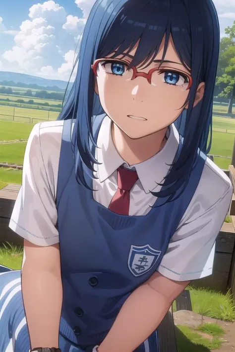 chirikotsurumi, <lora:chiriko tsurumi s1-lora-nochekaiser:1>,
chiriko tsurumi, long hair, blue eyes, blue hair, glasses, red-framed eyewear,
BREAK school uniform, necktie, watch, wristwatch,
BREAK outdoors, house, fields, grass, sky, sun, clouds,
BREAK looking at viewer, (cowboy shot:1.5),
BREAK <lyco:GoodHands-beta2:1>, (masterpiece:1.2), best quality, high resolution, unity 8k wallpaper, (illustration:0.8), (beautiful detailed eyes:1.6), extremely detailed face, perfect lighting, extremely detailed CG, (perfect hands, perfect anatomy),