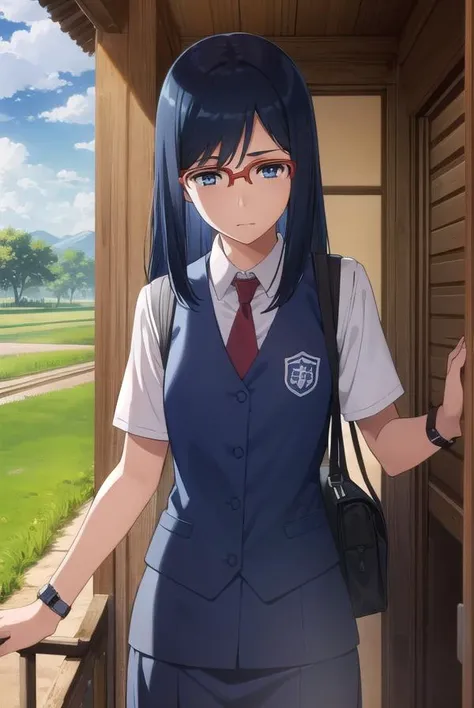 chirikotsurumi, <lora:chiriko tsurumi s1-lora-nochekaiser:1>,
chiriko tsurumi, long hair, blue eyes, blue hair, glasses, red-framed eyewear,
BREAK school uniform, necktie, watch, wristwatch,
BREAK outdoors, house, fields, grass, sky, sun, clouds,
BREAK looking at viewer, (cowboy shot:1.5),
BREAK <lyco:GoodHands-beta2:1>, (masterpiece:1.2), best quality, high resolution, unity 8k wallpaper, (illustration:0.8), (beautiful detailed eyes:1.6), extremely detailed face, perfect lighting, extremely detailed CG, (perfect hands, perfect anatomy),