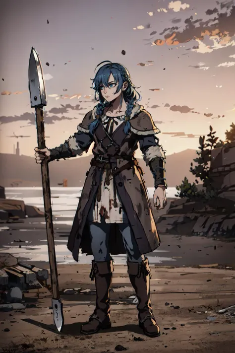 (masterpiece, highres, detailed),full body,<lora:vinstyle>,vinstyle,1girl,braid,blue hair,<lora:Vivy:0.6>,VivyA,holding axes,axe,town,dirt,dirty,torn clothes,viking era,