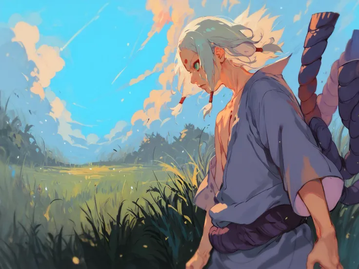 <lora:NarutoConceptStyle:0.8>, <lora:k1m1maro-08:0.8>, 1boy, k1m1maro, green eyes, red eyeliner, forehead mark, white hair, long hair, tan tunic, long sleeves, purple rope belt, open clothes, walking, upper body, high grass, field, sky, clouds, day, from side, solo, <lora:OkuStyle-10:0.8>, score_9, score_8_up, score_7_up