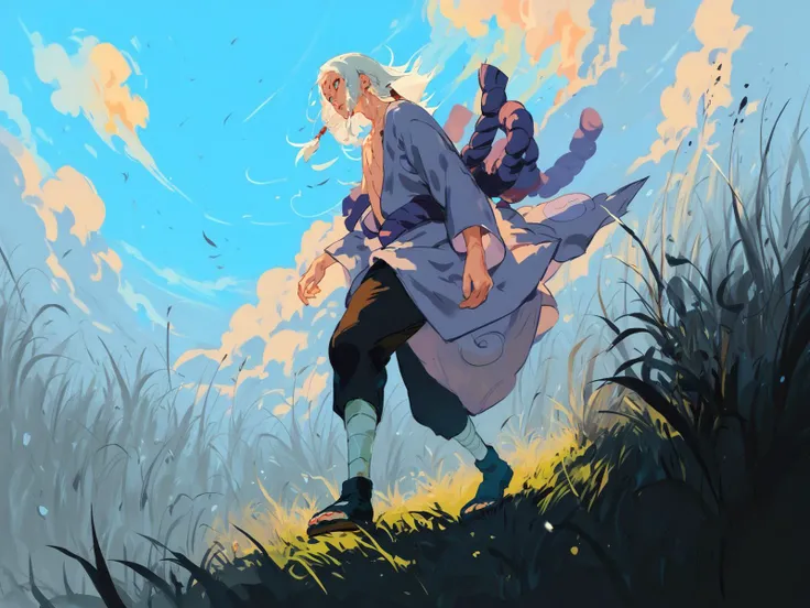 <lora:NarutoConceptStyle:0.8>, <lora:k1m1maro-08:0.8>, 1boy, k1m1maro, green eyes, red eyeliner, forehead mark, white hair, long hair, tan tunic, long sleeves, purple rope belt, pants, sandals, open clothes, walking, upper body, grass field, high grass, sky, clouds, day, from side, solo, <lora:OkuStyle-10:0.8>, score_9, score_8_up, score_7_up