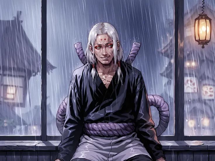 <lora:Naruto_r1:0.8>, <lora:k1m1maro-08:0.8>, 1boy, k1m1maro, green eyes, red eyeliner, forehead mark, white hair, long hair, tan tunic, long sleeves, purple rope belt, looking to the side, sitting, bar, indoors, night, rain behind the window, solo, smile, teeth, half-closed eyes, <lora:SeungEunKim:0.8>, score_9, score_8_up, score_7_up