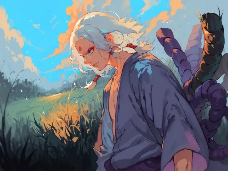 <lora:NarutoConceptStyle:0.8>, <lora:k1m1maro-08:0.8>, 1boy, k1m1maro, green eyes, red eyeliner, forehead mark, white hair, long hair, tan tunic, long sleeves, purple rope belt, open clothes, walking, upper body, high grass, field, sky, clouds, day, from side, solo, <lora:OkuStyle-10:0.8>, score_9, score_8_up, score_7_up