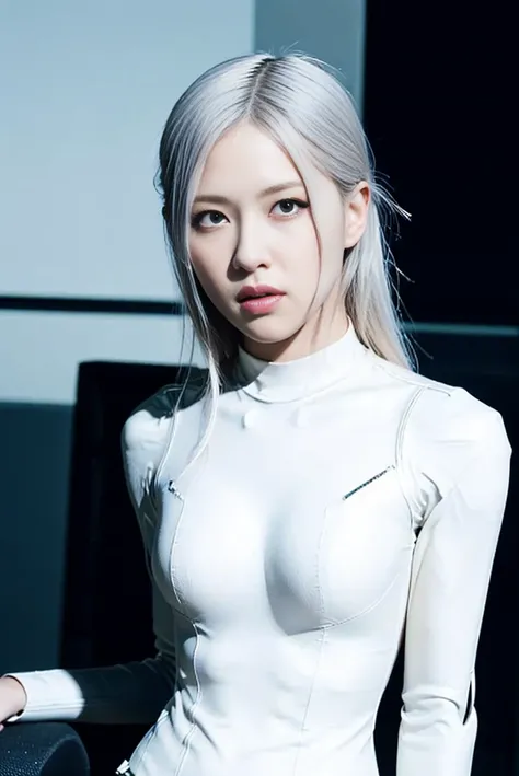 (8k, RAW photo, best quality, masterpiece:1.2), (realistic, photo-realistic:1.37), ultra-detailed, wallpaper, 1girl, cute, look-like (Watanabe-Mayu), detailed face, (cyborg eye), (shag short hair),(complex 3d render ultra detailed of a sci-fi white-iron suit:1.2), (android face:1), (cyborg), (robotic parts), (luxurious cyberpunk), (hyperrealistic), (anatomical), (cable electric wires), (microchip), (robot), (silver halmet), (Sit upright in an office chair), (full-body:1), detailed office, morning, professional lighting, cinematic lighting, photon mapping, radiosity, physically-based rendering, <lora:japaneseDollLikeness_v10:0.5>