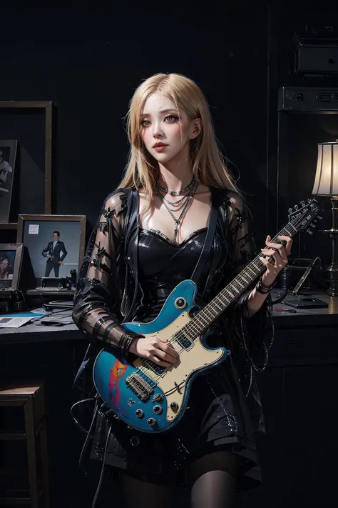 official art, unity 8k wallpaper, ultra detailed, beautiful and aesthetic, masterpiece, best quality, (zentangle, mandala, tangle, entangle), (fractal art:1.3) , 1girl, electric guitar, extremely detailed, dynamic angle, cowboyshot, the most beautiful form of chaos, elegant, a brutalist designed, vivid colours, romanticism, by james jean, roby dwi antono, ross tran, francis bacon, michal mraz, adrian ghenie, petra cortright, gerhard richter, takato yamamoto, ashley wood, atmospheric, ecstasy of musical notes, streaming musical notes visible