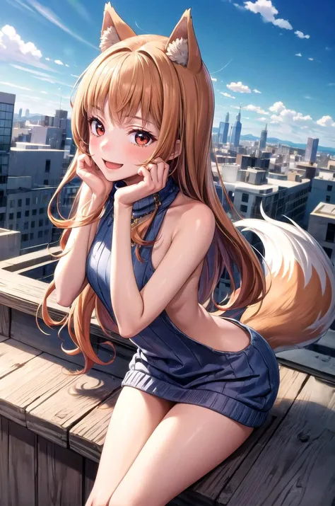 (masterpiece, best quality, detailed), 1girl, solo, looking at viewer, <lora:holo_v1:0.7>, long hair, brown hair, animal ears, red eyes, wolf tail, necklace, <lora:virgin killer sweaterFP16_82431:0.8>, virgin killer sweater, backless outfit, outdoors, rooftop, day, cityscape, blue sky, cloud, scenery, railing, leaning forward, adjusting hair, hand in own hair, hand on own thigh, from above, smile, open mouth, happy