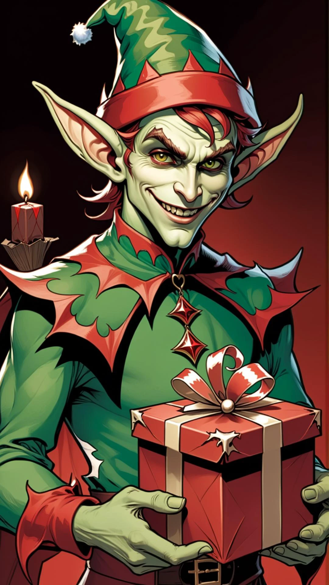comic 1man, Satanic demon, reddish skin, dressed as a Christmas Elf, holding a (tattered:1.3) and charred gift box, evil grin on his face <lora:comic book magazine:1> Comic Book Magazine Style <lora:ccxl-mucha_lora_vA1:1> ccxl-mucha . graphic illustration, comic art, graphic novel art, vibrant, highly detailed