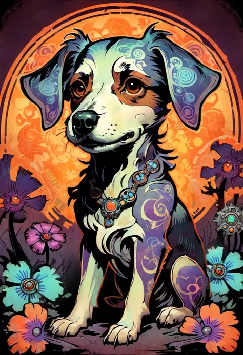 ccxl-mucha, art style, dog, Psychedelic art drdjns style, comic book artwork in dgst artstyle <lora:ccxl-mucha_lora_vA1:0.75> <lora:drdjns:0.75> <lora:SDXL1.0_Essenz-series-by-AI_Characters_Style_DarkestDungeonChrisBourassa-v1.1:0.95>