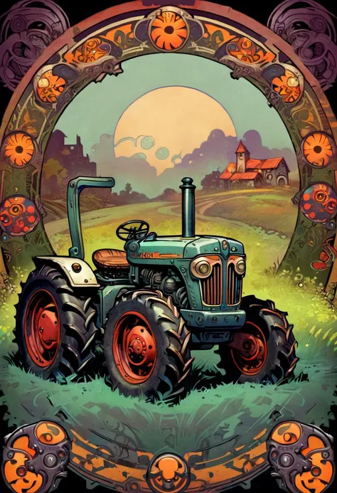 ccxl-mucha, art style, tractor, Psychedelic art drdjns style, comic book artwork in dgst artstyle <lora:ccxl-mucha_lora_vA1:0.75> <lora:drdjns:0.75> <lora:SDXL1.0_Essenz-series-by-AI_Characters_Style_DarkestDungeonChrisBourassa-v1.1:0.95>