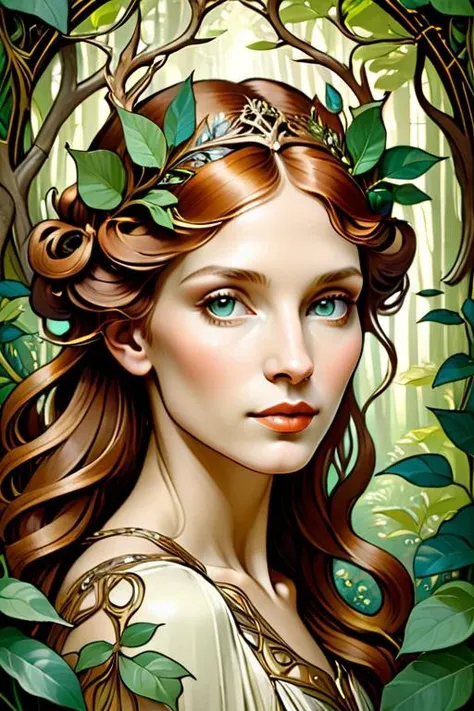 woman with a perfect face in a mythical forest, masterpiece, intricate details, raw photo, photo unp, <lora:ccxl-mucha_lora_vA1:1> ccxl-mucha