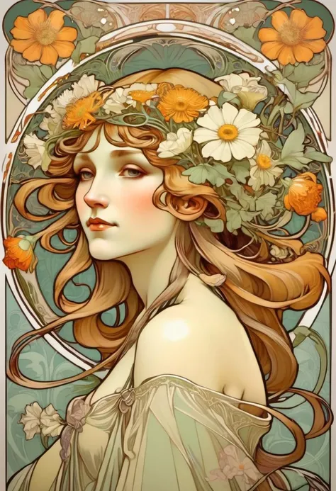 Close-up painting of a woman surrounded by flowers, modern art nouveau, alphonse mucha style 4k, art nouveau background, alphonse mucha background, inspired by eugène grasse, art nouveau aesthetics, art nouveau style, psychedelic art nouveau, art nouveau illustration, alphonse mucha style, alphonse mucha. saturated colours, alphonse mucha