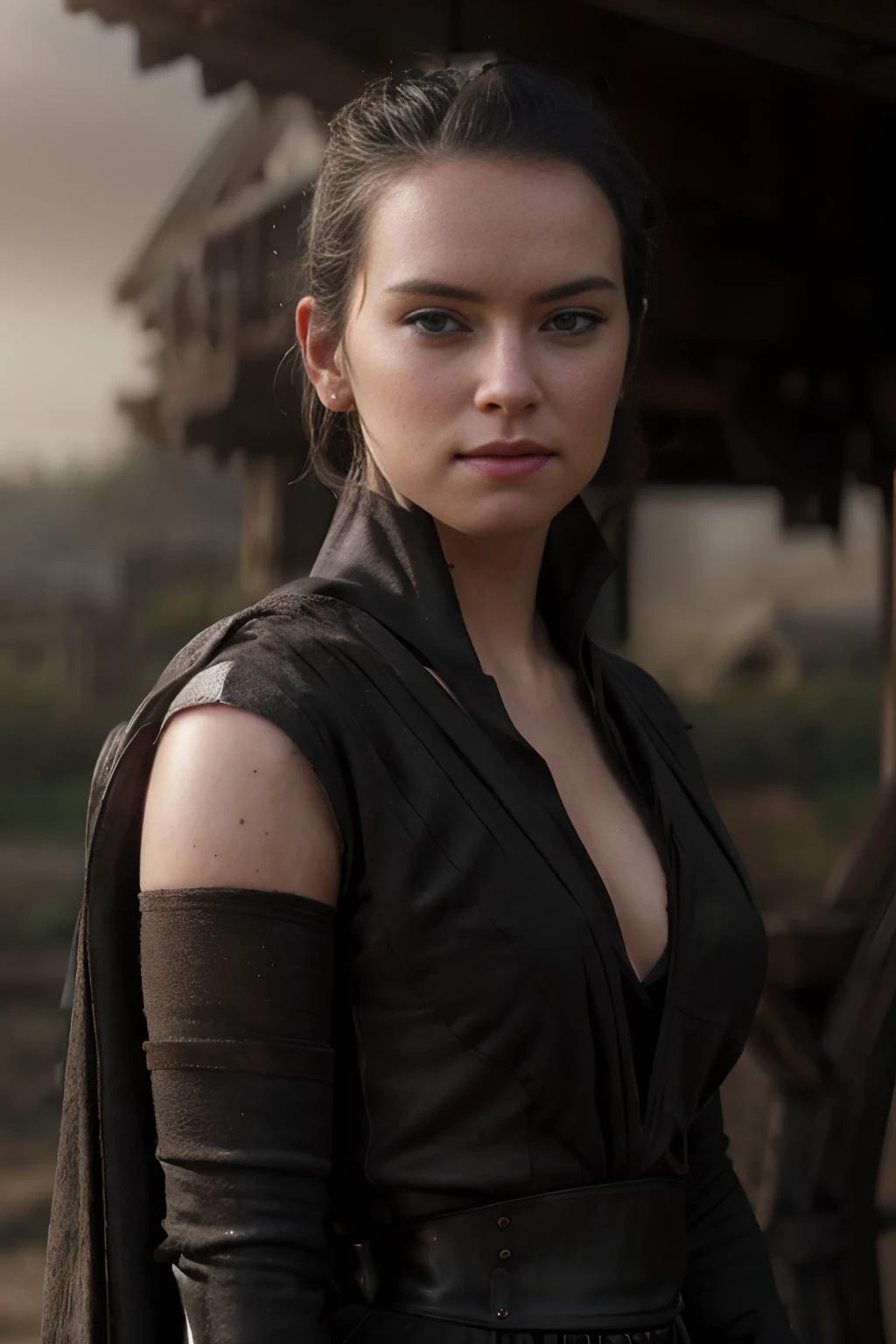 , <lora:Rey_StarWarsVII_DaisyRidley_smf_lora_v01:0.9> , symmetrical eyes, medium breasts, DaisyRdl ,cleavage, wearing black robes ,bracers, goth makeup,holding red lightsaber, in burning village , looking at viewer,, , 4k, best quality, bokeh, f1.4, 40mm, photorealistic, raw, 4k, detailed skin, textured skin, skin pores, intricate details ,,<lora:sthoutfitV2:0.7> , epiCRealism