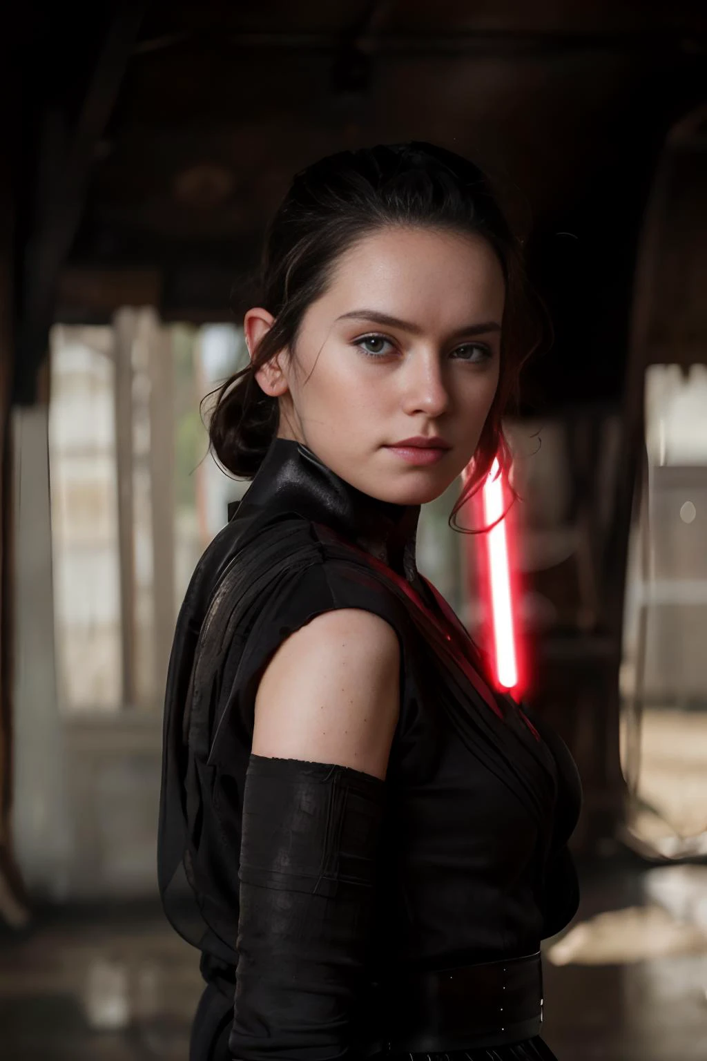 , <lora:Rey_StarWarsVII_DaisyRidley_smf_lora_v01:0.9> , symmetrical eyes, medium breasts, DaisyRdl ,cleavage, wearing black robes ,bracers, goth makeup,holding red lightsaber, in burning village , looking at viewer,, , 4k, best quality, bokeh, f1.4, 40mm, photorealistic, raw, 4k, detailed skin, textured skin, skin pores, intricate details ,,<lora:sthoutfitV2:0.7> , epiCRealism