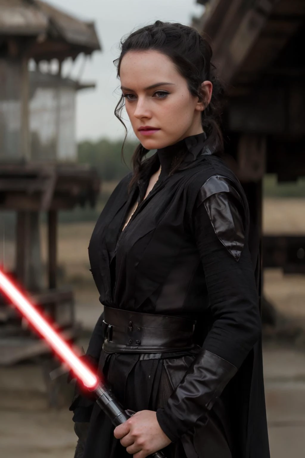 , <lora:Rey_StarWarsVII_DaisyRidley_smf_lora_v01:0.9> , symmetrical eyes, medium breasts, DaisyRdl ,cleavage, wearing black robes ,bracers, goth makeup,holding red lightsaber, in burning village , looking at viewer,, , 4k, best quality, bokeh, f1.4, 40mm, photorealistic, raw, 4k, detailed skin, textured skin, skin pores, intricate details ,,<lora:sthoutfitV2:0.7> , epiCRealism