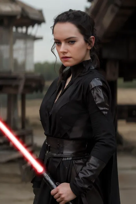 , <lora:Rey_StarWarsVII_DaisyRidley_smf_lora_v01:0.9> , symmetrical eyes, medium breasts,  DaisyRdl  ,cleavage, wearing black robes ,bracers, goth makeup,holding red lightsaber, in burning village , looking at viewer,,  , 4k,  best quality, bokeh, f1.4, 40mm, photorealistic, raw, 4k, detailed skin, textured skin, skin pores, intricate details  ,,<lora:sthoutfitV2:0.7>    , epiCRealism