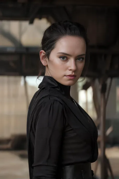 , <lora:Rey_StarWarsVII_DaisyRidley_smf_lora_v01:0.9> , symmetrical eyes, medium breasts,  DaisyRdl  ,cleavage, wearing black robes ,bracers, goth makeup,holding red lightsaber, in burning village , looking at viewer,,  , 4k,  best quality, bokeh, f1.4, 40mm, photorealistic, raw, 4k, detailed skin, textured skin, skin pores, intricate details  ,,<lora:sthoutfitV2:0.7>    , epiCRealism