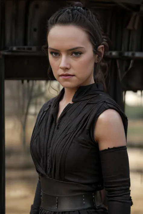 , <lora:Rey_StarWarsVII_DaisyRidley_smf_lora_v01:0.9> , symmetrical eyes, medium breasts,  DaisyRdl  ,cleavage, wearing black robes ,bracers, goth makeup,holding red lightsaber, in burning village , looking at viewer,,  , 4k,  best quality, bokeh, f1.4, 40mm, photorealistic, raw, 4k, detailed skin, textured skin, skin pores, intricate details  ,,<lora:sthoutfitV2:0.7>    , epiCRealism