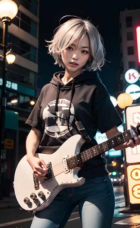 1girl, Asian female, short hair, silver hair, playing guitar, black hoodie, short sleeves, jeans, outdoors, city, street, night, neon lights