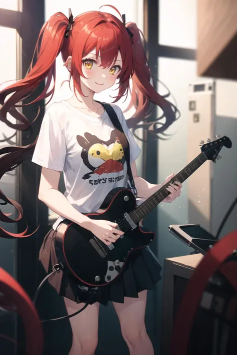 1girl, casual clothes, t-shirt, pleated skirt, twintails, (long hair:0.7), red hair, yellow eyes, short sleeves, playing guitar, (smile:0.6), indoors, standing