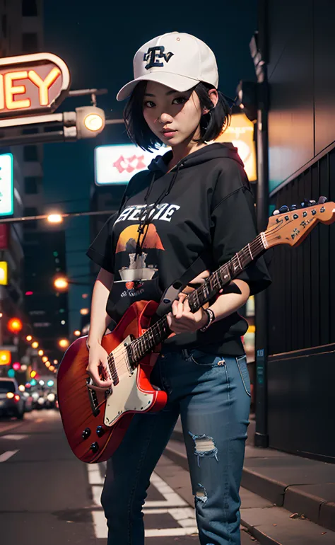 1girl, Asian female, short hair, black hair, baseball cap, playing guitar, black hoodie, short sleeves, jeans, outdoors, city, street, night, neon lights