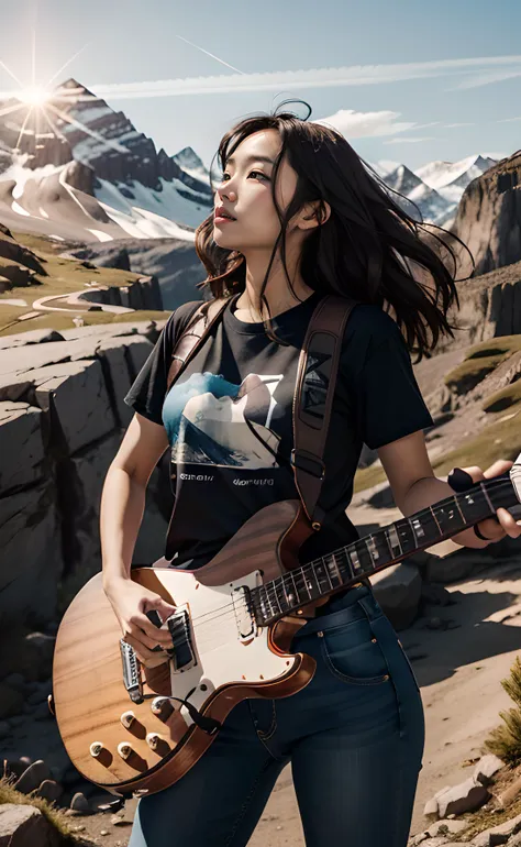 1girl, Asian female, long hair, brown hair, playing guitar, black shirt, T-shirt, short sleeves, jeans, nature, mountain, blue sky, sunlight