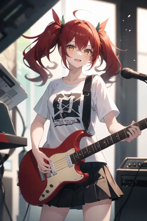 1girl, casual clothes, t-shirt, pleated skirt, twintails, (long hair:0.7), red hair, yellow eyes, short sleeves, playing guitar, (smile:0.6), indoors, standing