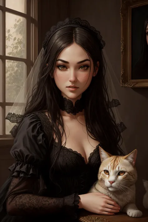 Create an [19th century portrait] [Oil painting] in [Luis Royo art style] with [detailed linework], [dynamic shading], and [rich colors]. The character have [full body], [expressive facial features] and [fluid body movements], with close attention paid to [costume design] and [background details]. The art style should capture the [dark atmosphere] of the image. Create an [ultra-realistic], [high-resolution] [painting] [portrait] of [weeping] [young woman] named (koh_sashagrey) a beautiful [Widow] she is [posing] for a [victorian painting] with her [pet cat:1.2] next to her and holding [red rose]. Her face is [delicately proportioned] and her mouth with [blood red lipctick]. Her [eyes] with [black eyeliner] and [smokey eye shadow] with long, full eyelashes that add to her feminine charm. She wears a [lace widow veil] and [long elegant black dress] (fabric with intricate pattern:1.2), that accentuates her [slim petite body], paired with [knee high boots] that provide both style and function. The image should showcase [visible skin pores] that add to the realism. Her [imperfect, uneven, and irregular skin] should be depicted with [specular reflection], [subsurface scattering], and [diffuse reflection], capturing the [fair skin tone] The image should be captured in [natural light], with [soft shadows] that highlight her. The colors should be [RAW] and [vibrant], showcasing the [tragic] elements of the character, while remaining grounded in a sense of [realism]. Aim for a [photorealistic] portrayal that captures the [essence] of her character, from her [tragic demeanor] to her [captivating beauty]. The image should have [intricate details] with visible [cat] as a part of the image, capturing every nuance of her form. The overall mood of the image should be [victorian], [ghotic] with a sense of [melancholy] and [loneliness]