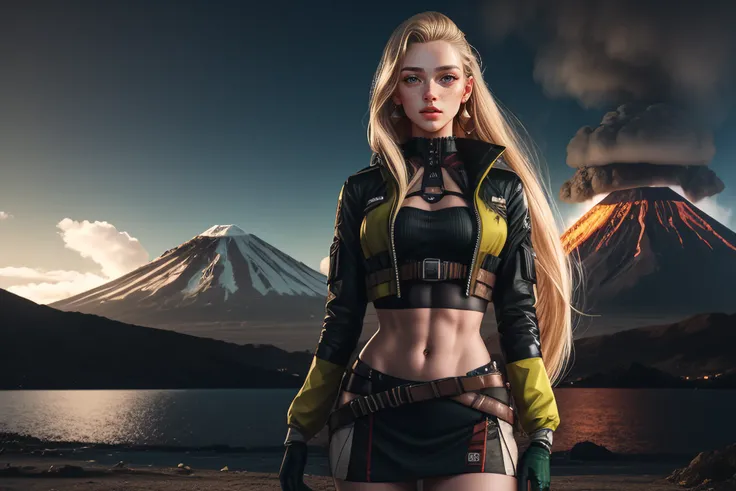 1girl, Beautiful Woman, (Decending), (Tilt View, Full Body:0.5), (Gloves:1.0) (Exposed Midriff:1.0), (long hair Blonde bob Hair), (Skater Dress, Pencil Skirts, windbreaker:0.8), (Abs, Muscles, Muscular, Athletic:0.75), (Green Eyes:1.0), (Suspicious Narrowed Squinted Eyes Downturned Skeptical Mouth Suspicious Guarded Gaze:1.1), ( landscape with Contrast of Brightness and Darkness, Detective Themes, Volcano Lair Location) (Dust, Black and white image, Fog, Aurora:1.0), (Bright Projectors High key Lighting:1.0), (Masterpiece, Hypermaximalist, Maximalism, Best Quality, 8k, Highres, Absurdres, 4k, High Quality, Ultra High Res, Highest Quality, Ultra Detailed, 8k Uhd, Realistic, Highly Detailed, Ultra-Detailed:1.0), (Cinematic Lighting, Hdr, Raw Photo, Sharp Focus, Photorealistic, Realistic:1.0), (nbdy-scarlet-sd15, CC_Nbdyscarlet:0.7), __rface-weak__, <lora:englishdolllikeness_v10:0.6>