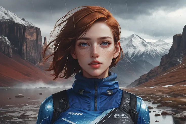 1girl, Beautiful Woman, (Head Tilted To The Side), (Zoom View, Full Body:0.5), (Gloves:1.0) (Sleepwear:1.0), (very short hair Auburn drill Hair), (Pencil Dress, Suit Trousers, Sweatshirt:0.8), (Abs, Muscles, Muscular, Athletic:0.75), (Multi-Color Eyes:1.0), (Shocked Wide Eyes Open Mouth Raised Eyebrows Frozen Stunned Expression:1.1), ( landscape with wind, Paranormal Romance Themes, Mountainscape Location) (Slow shutter speed, Rain, Texture, Debris:1.0), (Deep Lightning Shadows Lighting:1.0), (Masterpiece, Hypermaximalist, Maximalism, Best Quality, 8k, Highres, Absurdres, 4k, High Quality, Ultra High Res, Highest Quality, Ultra Detailed, 8k Uhd, Realistic, Highly Detailed, Ultra-Detailed:1.0), (Cinematic Lighting, Hdr, Raw Photo, Sharp Focus, Photorealistic, Realistic:1.0), <lora:z_Face_RandFace3:0.7>, __rface-weak__, <lora:englishdolllikeness_v10:0.6>