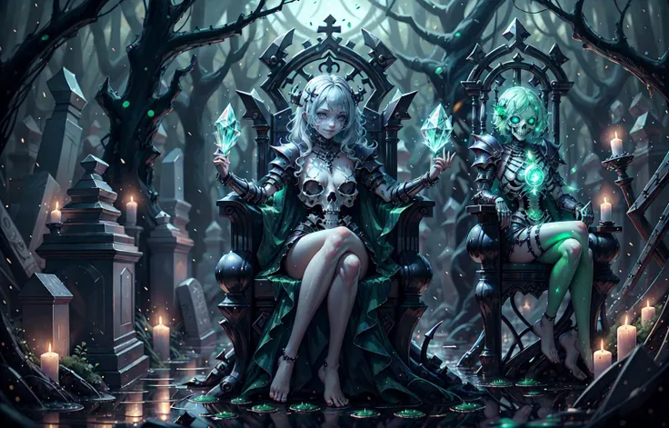 1girl, sitting on haunted throne, arms raised, casting green spells, necromancer knight, evil smile, bone armor, evil green aura, green flames, green magic circle, bare feet, toes, glowing green graveyard background, dead trees, glowing runes, gravestones tombstones, dead grass Goth_punk, <lora:gothicPunkGirl_v10:0.7> crystallineAI, <lora:crystallineai_v10:0.9> summoning skeletons, skeleton arms bursting out of ground, puddle, reflection