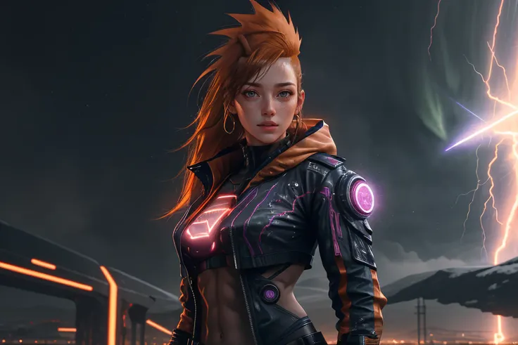 1girl, Beautiful Woman, (Covering Breasts), (Static Shot, Full Body:0.5), (Gloves:1.0) (Underwear:1.0), (medium length hair Orange mohawk Hair), (Layered Dress, Jeans, Track jacket:0.8), (Abs, Muscles, Muscular, Athletic:0.75), (Fuchsia Eyes:1.0), (Raised Eyebrow Frown:1.1), ( landscape with saturation, Biopunk Themes, Warp Gate Location) (Streaks of light, Lightning, Fogbow, Meteors:1.0), (Warm northern lights Split Lighting:1.0), (Masterpiece, Hypermaximalist, Maximalism, Best Quality, 8k, Highres, Absurdres, 4k, High Quality, Ultra High Res, Highest Quality, Ultra Detailed, 8k Uhd, Realistic, Highly Detailed, Ultra-Detailed:1.0), (Cinematic Lighting, Hdr, Raw Photo, Sharp Focus, Photorealistic, Realistic:1.0), <lora:z_Face_RandFace3:0.7>