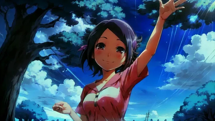 masterpiece,best quality, anime coloring, 1girl, Haruka_Kaminogi, sunbeam, tree, wind, waving, arm up, smile, head tilt,
<lora:NoeinV1.5:1>