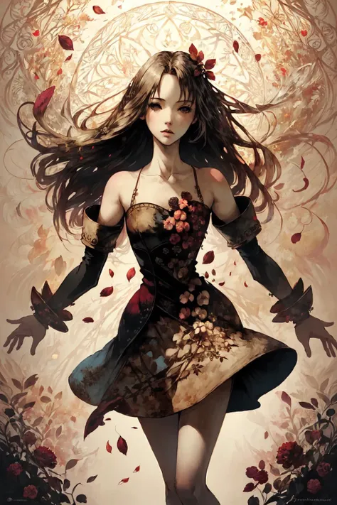 masterpiece,best quality, VagrantStory, 1girl intricate Rosy Brown dress,outstretched arms, flower, bramble, petals, leaves,sunbeam, wind, long hair, abstract background, vivid colors, intricate background , abstract, circle, symbols,<lora:Riot_VagrantStoryV1:0.85>