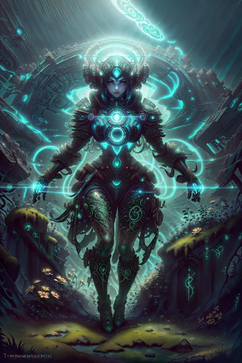 (symmetry:1.4), (photorealistic, full body view, 1girl, solo, breathtaking masterpiece, best quality, highest quality, ultra highres, absurdres, highres, award winning 8K digital painting:1.2) of an ethereal and (incredibly beautiful girl, very beautiful face:1.6), digital drawing, very detailed, intricate, dramatic lighting, (crepuscular rays:1.1) ADDBASE
<lora:style-bluealienpunk:0.6> beautiful face, beautiful eyes, blue eyes, (v-shaped eyebrows:1.4), captivating eyes, , plate armguards, beautiful hands, elegant, (massive symmetrical bluealienpunk portal:1.4) in background, glowing energy, (rim lighting:1.3) ADDROW
<lora:style-celtpunkai:1> (celtpunkai legs:1.2), (lush flora, flowers, moss, glowing runes:1.4), celtpunkai ritual, fog