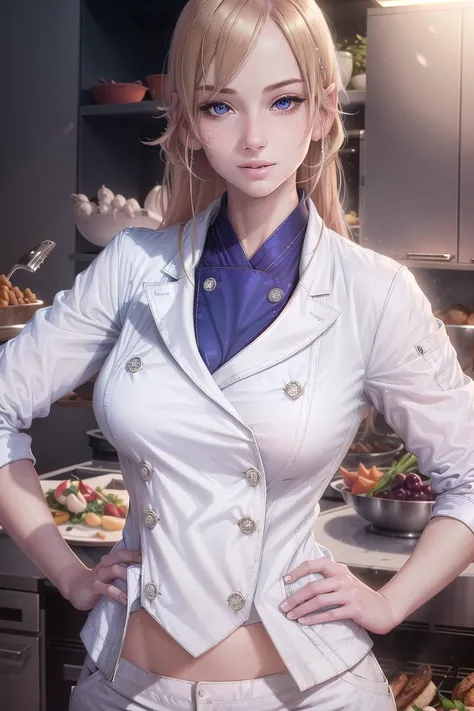 <lora:CHAR-Ashelia:1> ultra realistic, ((gorgeous)),  Food Wars, highres, 1girl [nakiri erina:Maria:.35], ultra-detailed, (beautiful detailed face and eyes and hair:1.1), masterpiece, perfect face, beautiful face, textured skin, sultry smile, confident, beautiful eyes, masterpiece, intricate details, 1girl, looking at viewer, solo, blue eyes, seductive,  (((chef outfit, white jacket, white pants))) 1hand on hip, 1hand hanging down <lora:char-Nakiri Erina-v2>, Extremely beautiful, medium breast,  pretty woman, beautiful woman, full body shot, perfect,  <lora:Maria:1.5>
