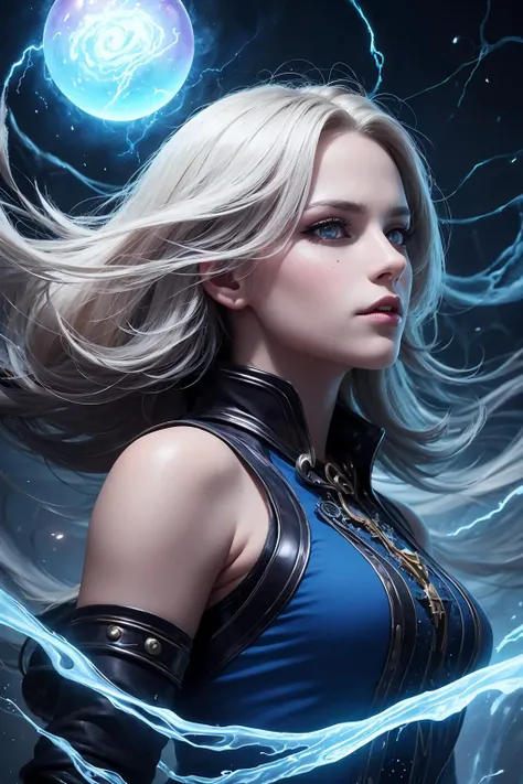 Photorealistic, (masterpiece:1.2), concept art, intricate details, highly detailed,
1 girl, adult  woman,  silver eyes, yellow lob hair,
(style-swirlmagic:1.0), portrait, (bloody scars:0.7), looking up, solo, upper body, detailed background, (warcraft theme:1.1) glowing eyes, sinster, focusing, pursed lips, warlock, casting spell,   (dark blue lightning <lora:LightningvfxCreateMore_v1:0.1>), floating light orbs, dynamic pose, blue clothes, hair flowing in the wind, magic crystal ball, arcane spell, mana, grim dark realistic lighting, desolate landscape in background,