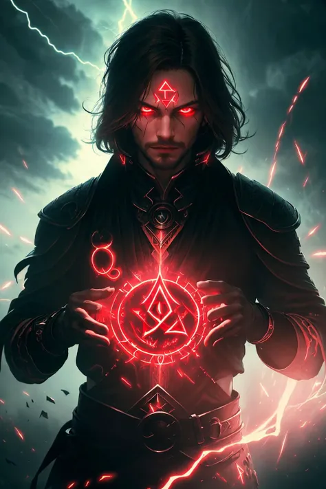 Photorealistic, (masterpiece:1.2), concept art, intricate details, highly detailed,
(1man, thin adult  male:1.2),  aquamarine eyes, brown hair, fade with sideburns,
(style-swirlmagic:0.8),  looking at viewer, solo, half shot, detailed background, detailed face, (<lora:GlowingRunesAIV6:0.8>, GlowingRunesAIV2_red, glowing runes theme:1.1) evil sorcerer,  light blue magical robes, sinister smirk, crimson color scheme, dark scarlet light, summoning circle,   evil book, dark atmosphere, shadows, realistic lighting, floating particles, sparks, surrounded by blue lightning <lora:LightningvfxCreateMore_v1:0.1>,  summoning,  green arcane symbols, corrupted by eldritch power, power-hungry eyes,