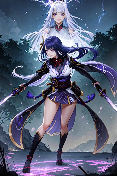 Highly detailed, High Quality, Masterpiece, (detailed face and eyes:1.4), (1girl, solo:1.25), Dual Wielding Swords, <lora:UnlimitedBladeWorks:0.9>, full body, fighting stance, Surrounded by flames, flame on sword, glowing sword, glowing weapon, thick thighs, smile, Raiden_Shogun_\(genshin impact\), Raiden_Shogun:1.2, blue hair, long hair, <lora:Char_GenshinImpact_RaidenShogun:0.8>, Surrounded by lighting, Lightning glowing, Tiny spark lightning, Purple lightning, Particle glow, Intricate line of purple lightning, <lora:VFX_Lightning:0.2>