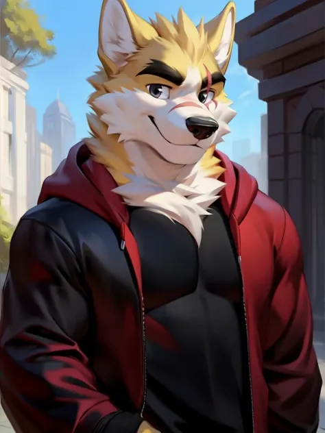 masterpiece, best quality, nj5furry,furry male, 1boy, furry, male focus, solo,animal ears, formal, wolf ears,wolf boy, smile ,
white fur, yellow fur, brown fur, two-tone fur,black eyes, black shirt, red hood, black hoodie, thick eyebrows, tail, scar on eye,yellow ears,
((full body,)),
by chunie