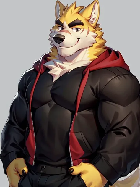 4masterpiece, best quality, nj5furry,furry male, 1boy, furry, male focus, solo,animal ears, formal, wolf ears,wolf boy, smile ,
white fur, yellow fur, brown fur, two-tone fur,black eyes, black shirt, red hood, black hoodie, thick eyebrows, tail, scar on eye,yellow ears,
by null-ghost