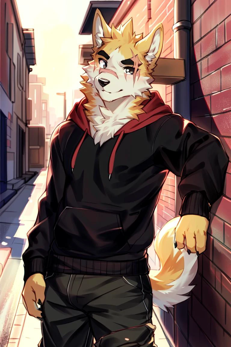 copperrtf, dog boy,
masterpiece, best quality, absurd res, by kiyosan, by null-ghost,
furry, male, solo, hoodie, pants, black pupils, black eyes, thick eyebrows, two tone fur, scar on eye,
looking at viewer, detailed fur, fluffy, tail,
detailed background, alley,
<lora:cp1:1>