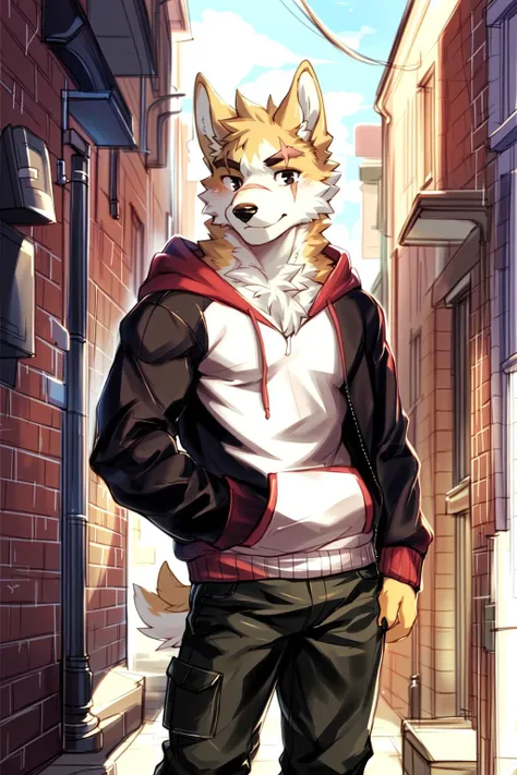 copperrtf, masterpiece, best quality, absurd res, by kiyosan, by null-ghost, furry, dog, male, muscular, solo, hoodie, pants, black pupils, black eyes, thick eyebrows, orange fur, brown fur, (scar on eye:0.9), looking at viewer, detailed fur, fluffy, tail, detailed background, alley, <lora:cp1:1> <lora:add_detail:0.3>